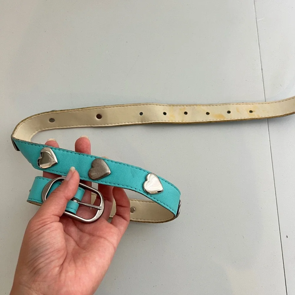 Vintage‎ Y2K Aqua Blue Faux Leather Heart Studded Belt Silver Buckle Turquoise